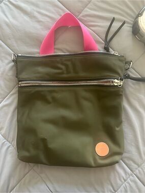 Olive Green Crossbody Tote with Pink Handle